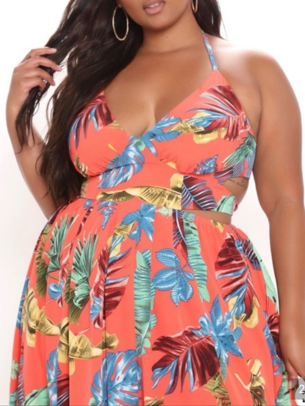 Fashion Nova Coral Tropical Print Halter Maxi Dress